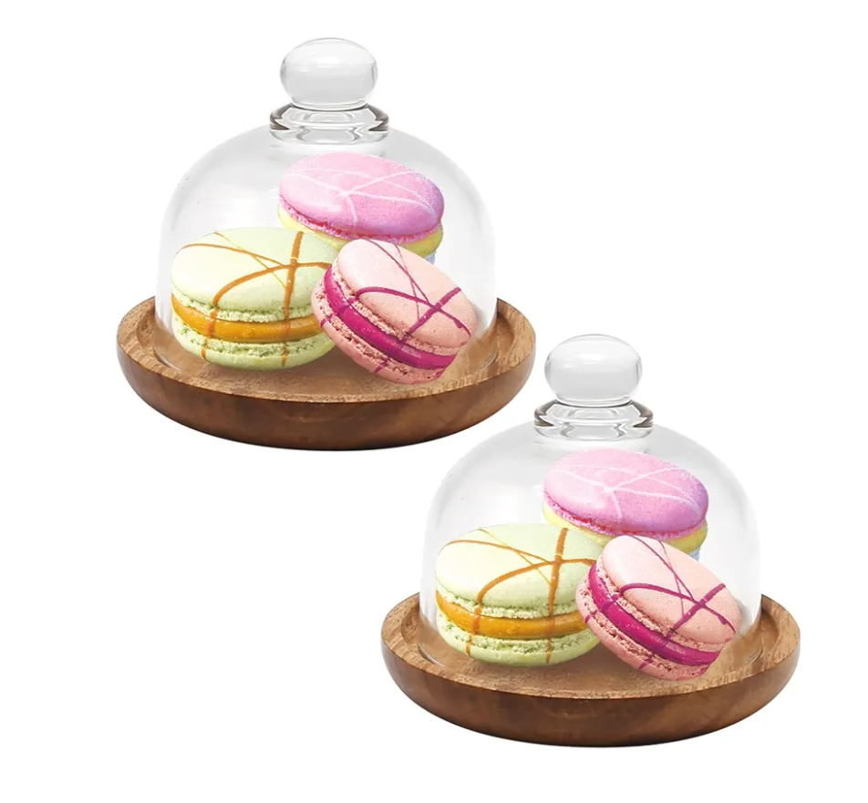 2 Pack Glass Domes with Wooden Base - 3.4 Inch Mini Cake Stand Cover for Dessert, Cheese, Candy, Plants & Succulents