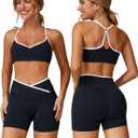 Women 2 Piece Workout Set Cami Straps Padded Colorblock X Back Sports Bra V High Waist Tummy Control Shorts Gym Outfit Small, X Back Black