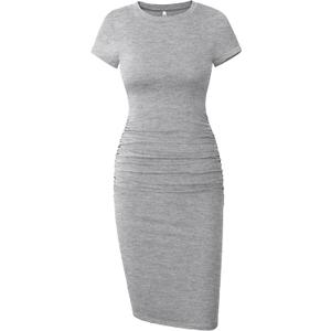 Missufe Women's Short Sleeve Ruched Casual Sundress Midi Bodycon T Shirt Dress (Gray, L)
