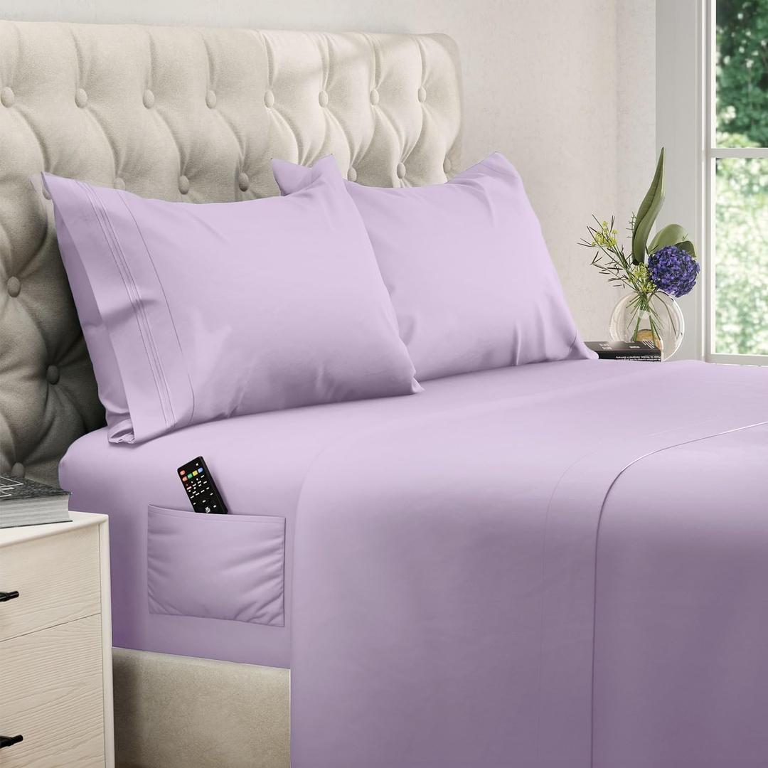 DREAMCARE Queen Size Sheets - Cooling Bed Sheets - 4pcs Set - up to 15" Deep Pocket Queen Sheet Set - Sheets Queen Size Bed - Soft & Long Lasting 100% Fine Microfiber with Side Pocket, Lavender
