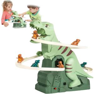 Dinosaur Climbing Slide Music Toy, Fun Electric Dinosaur Race Track Roller Coaster Set for Kids Ages 3+ Ideal for Boys & Girls
