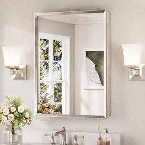 Keonjinn Brushed Nickel Medicine Cabinet Mirror 24" x 32", Assembly Needed, Recessed Medicine Cabinet with Mirror for Bathroom, Beveled Framed, Surface Wall-Mounted or Recessed, Tempered Glass