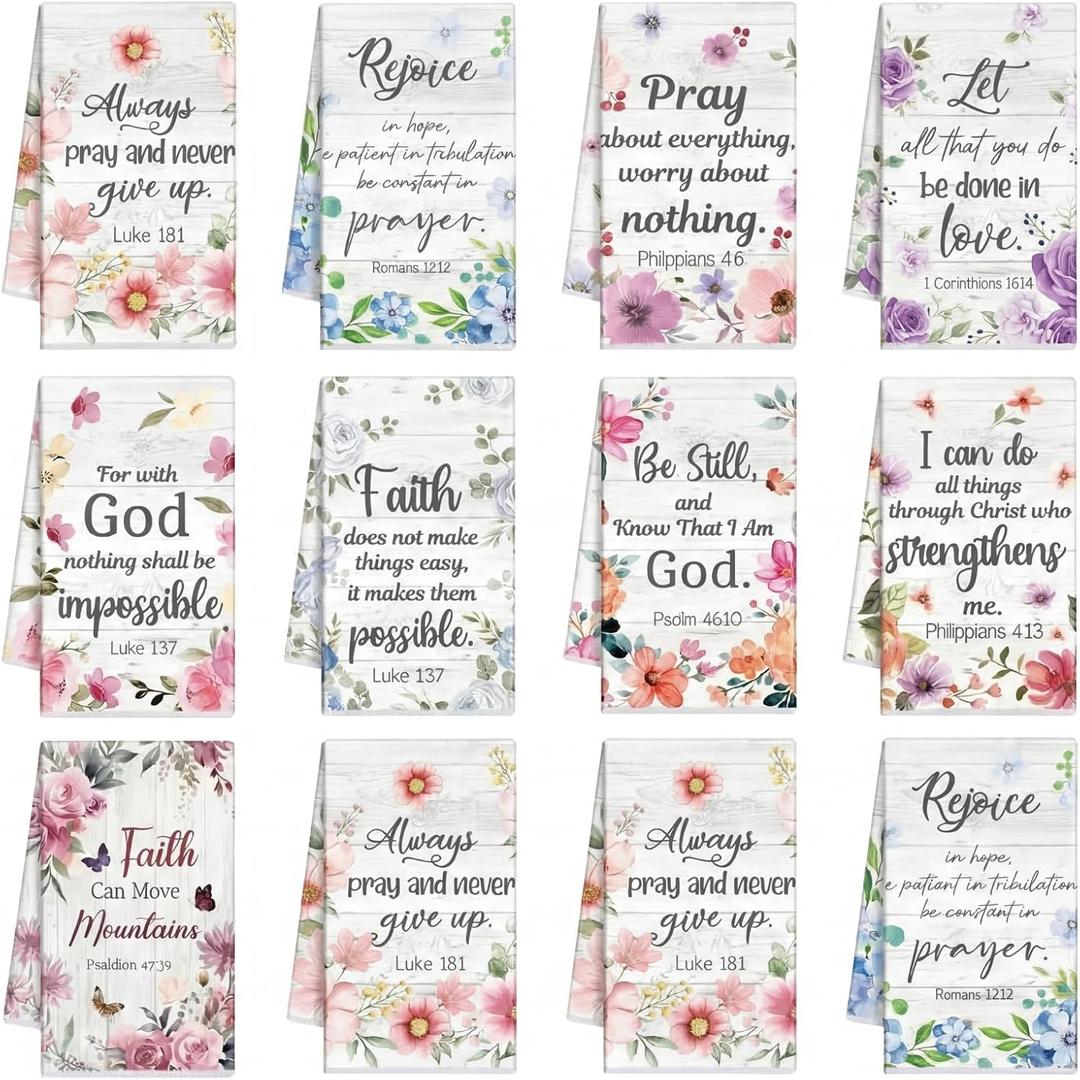 Ganeen 20 Pcs Mother's Day Religious Christian Kitchen Towel Floral Bible Verse Dish Towels Absorbent Inspirational Scripture Hymn Tea Towel Christian Gift for Spring Women Men Housewarming (Flower)