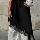 Women Lace Trim Satin High Low Tops Silk Spaghetti Strap Asymmetrical Side Split Cami Top Flowy Silky Layering Tops (Black, S)