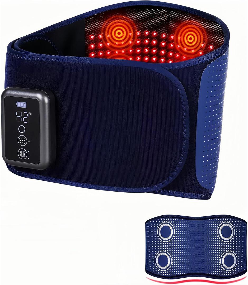 Cordless Back Massager Belt - FSA-HSA Eligible Red Light Therapy Massage Belt with 5 Heating Levels,3 Vibration Modes, Lower Back Massager for Pain Relief Deep Tissue,4 Motors,Battery-Powered (Blue)