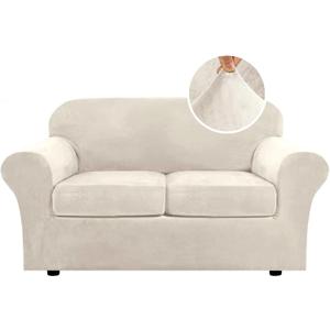H.VERSAILTEX Real Velvet Plush 3 Piece Stretch Sofa Covers Couch Covers for 2 Cushion Couch Loveseat Covers Width Up to 72 Inch Feature Thick Soft Stay in Place (Medium Sofa, Ivory)