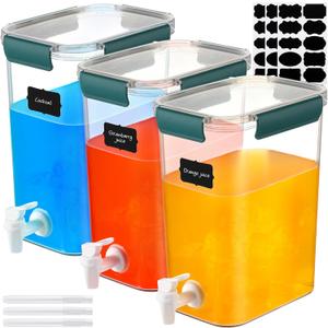 Mumufy 3 Set Plastic Drink Dispensers for Parties Beverage Dispenser for Fridge with Spigot Iced Juice Lemonade Container with Labels and Pens Summer Party Supplies(1.2 Gallon,Green)