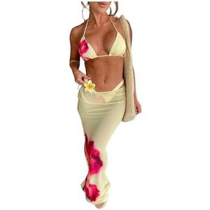 MakeMeChic Women's Halter Triangle Bikini Sets Floral 3 Piece Swimsuit Bathing Suit Cover Up Long Skirt Size XS, Yellow