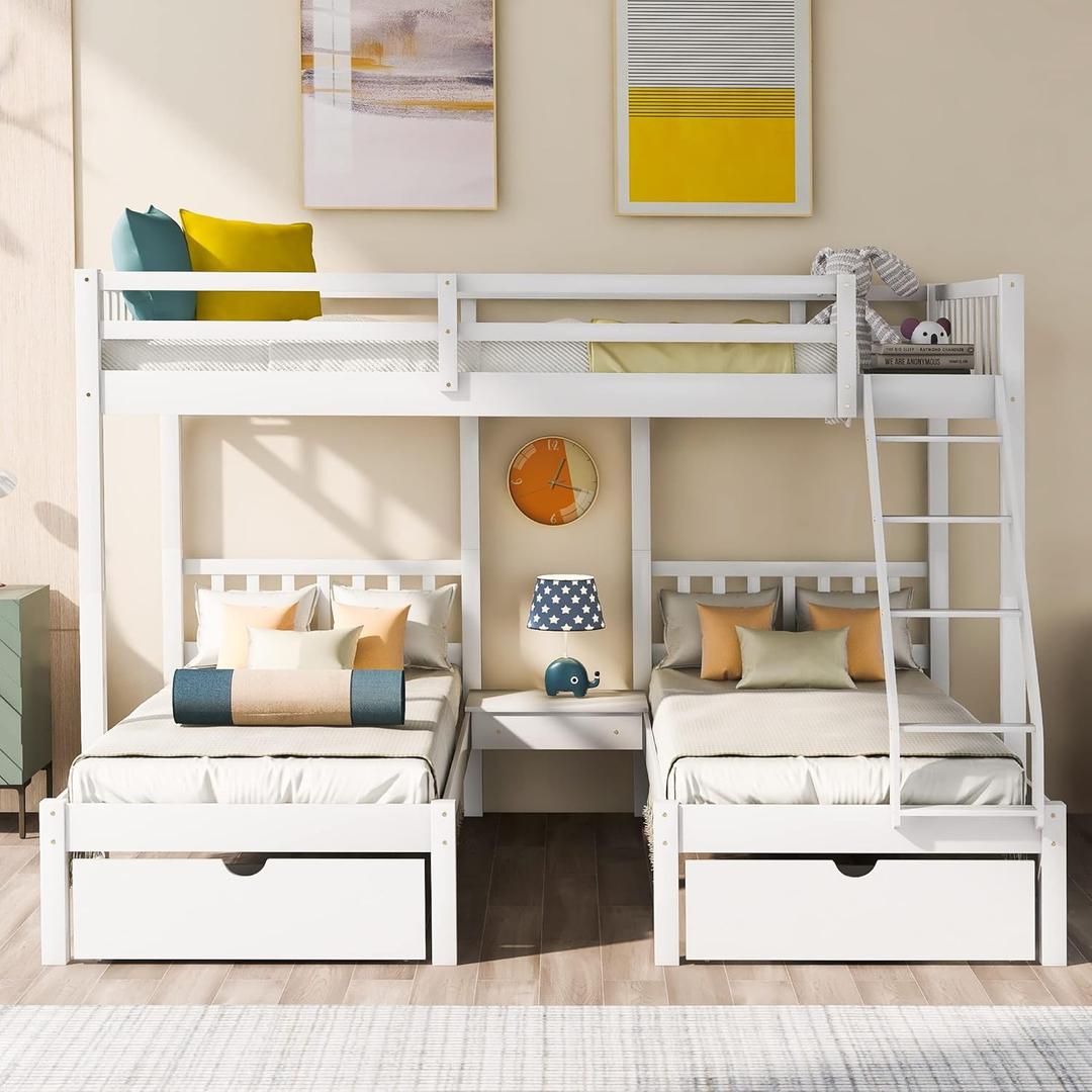 Merax Full Over Twin & Twin Bunk Bed for 3, Wooden Triple Bunk Bed with 2 Storage Drawers, Ladder and Guardrails, No Box Spring Needed, White
