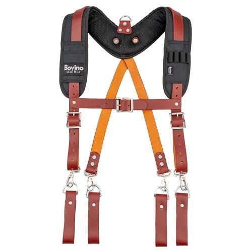 Heavy Duty Leather Tool Belt Suspenders – Adjustable Padded Straps, Quick-Release Clips, 4 Belt Loops – Perfect for Carpenters, Electricians, Framers & Construction Workers, Maroon, Large, Maroon,