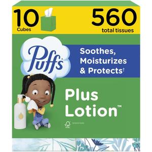 Puffs Plus Lotion Facial Tissues, 10 Cubes, 56 Tissues per Box, Allergies and Colds