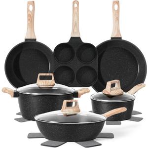 13 Pcs Pots and Pans Set, Nonstick Cookware Sets Black Granite Induction Cookware, Non-toxic Healthy Non stick Kitchen Cooking Set with Frying Pans Set, Saucepans (PFAS/PFOA/PFOS Free)