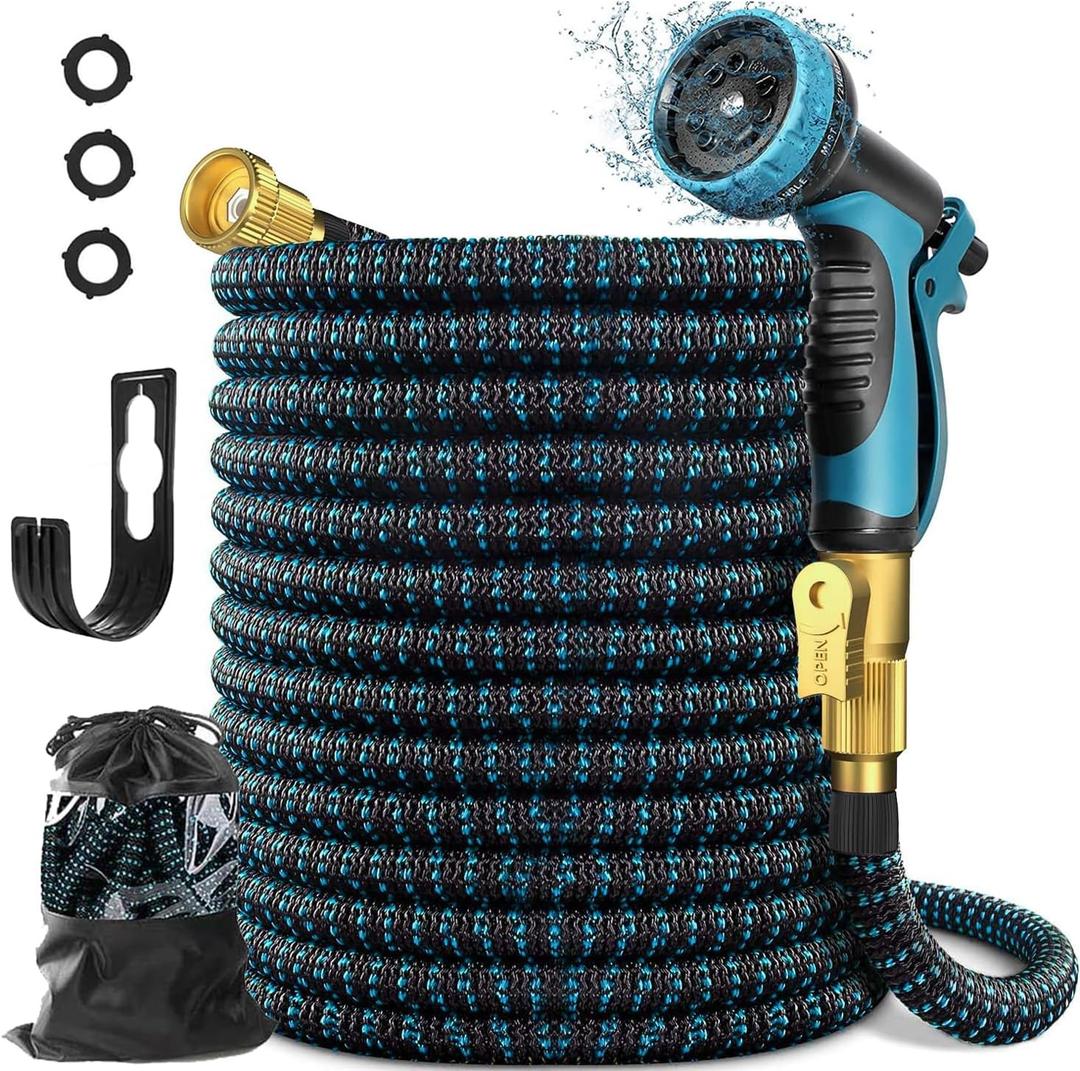 Garden Hose 100 FT Expandable, Lightweight Water Hose with 10 Pattern Spray Nozzle, No-kink Leak-proof Flexible Retractable Stretch Hose with 3/4'' Solid Fittings and 3-Layer Latex Core, Blue