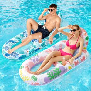 2 Pack Pool Floats Adult Heavy Duty-Adult Pool Float Lounger with Cup Holders, Backrest & Footrest Pool Lounge Float Pool Floaties Rafts for Beach Lake Party(Pink, Blue)