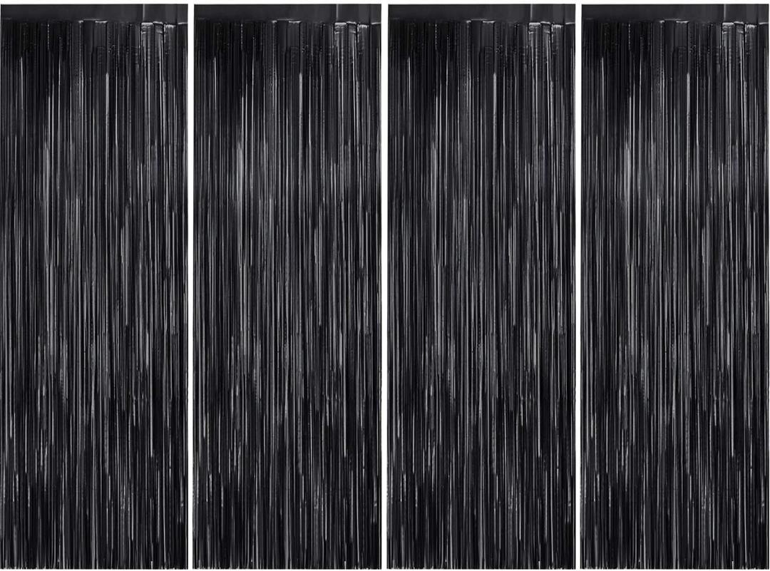 4 Pcs Foil Fringe Curtains Backdrop Metallic Tinsel Streamers Photo Booth Backdrops Door Fringe Curtains for Wedding Birthday Halloween Christmas Disco Party Decorations (Matt Gold, Matt Black)