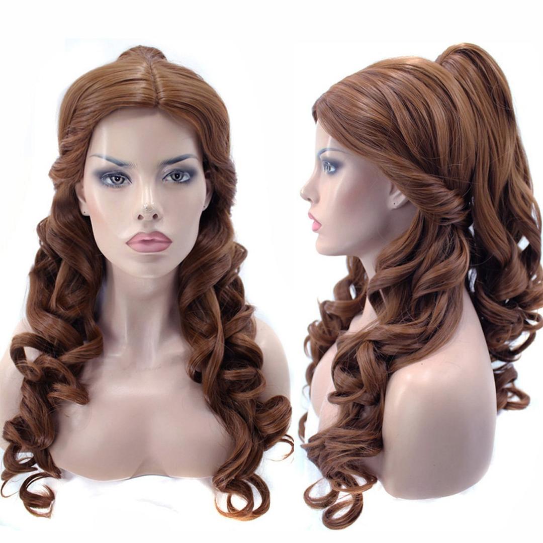 ANOGOL Hair Cap+ Long Wavy Brown Wig Women Princess Cosplay Wigs Prestyled Brown Ponytail Wigs Curly Auburn Updo Buns Hair for Halloween Costume Cosplay