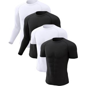 CL convallaria 4 Pack Compression Shirts Men Long Short Sleeve Cooling Dry Rash Guard Athletic Workout T Shirt for Sports (Large, 2 Black & 2 White)