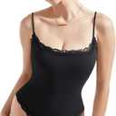 SUUKSESS Women Square Neck Lace Bodysuit Sleeveless Spaghetti Strap Tank Top (Black, XS)