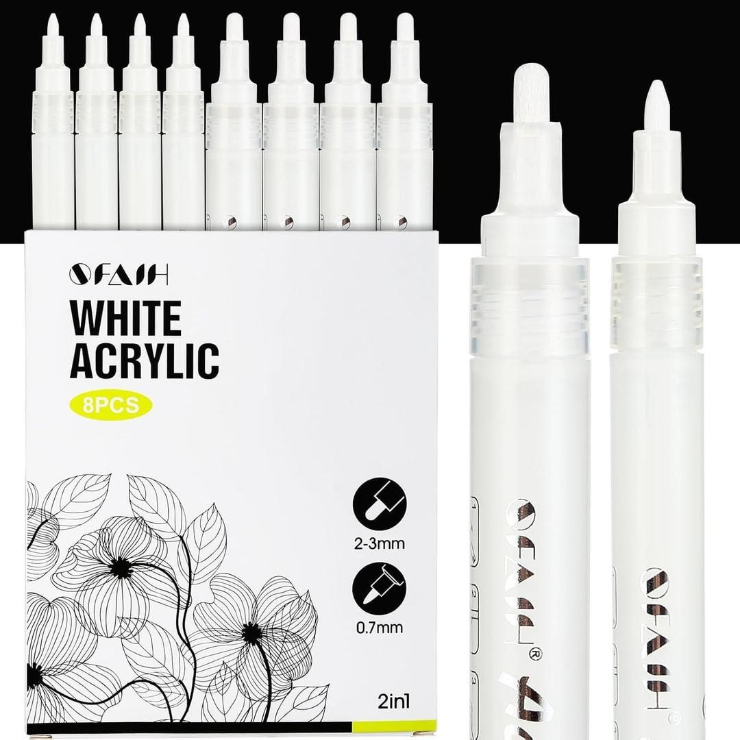SFAIH Acrylic White Paint Pens - 8 Pack 2-3MM Medium Tip & 0.7MM Extra Fine Paint Marker for Rock Painting, Wood, Metal, Fabric, Plastic, Canvas, Glass, Ceramic, Diy Crafts, White Out Pen