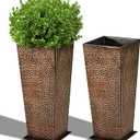 BAYN 2-Pack 24" Tall Metal Planter Hand-Hammered Textured Large Bronze Flower Pots Box with Saucer for Outdoor&Indoor, Garden, Porch, Patio, Yard with Pre-Drilled Drainage Holes, Bronze 
