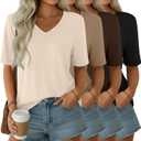 Ficerd 4 Pack Women's Half Sleeve V Neck Tops Elbow Length Loose Fit Shirts Casual Trendy Summer Straight Hem Basic Tees, Medium (Apricot, Khaki, Brown, Black)