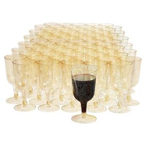 MATANA 100 Plastic Wine Glasses, Gold Glitter 6oz - Gold Wine Glasses Wine Cups - Elegant, Sturdy & Reusable Plastic Goblets for Cocktail Parties, Wine Tasting, Weddings, Bridal Shower