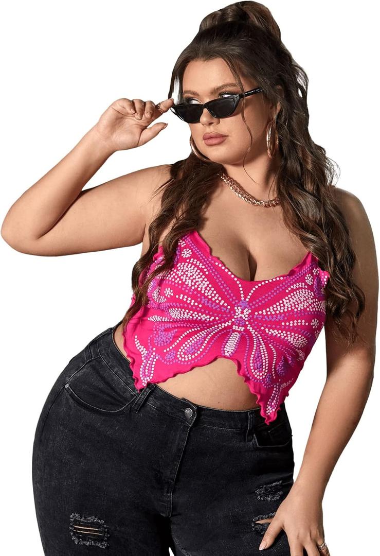 Floerns Women's Plus Size Graphic Print Spaghetti Strap Crop Cami Tank Top (XX-Large Plus, Pink)