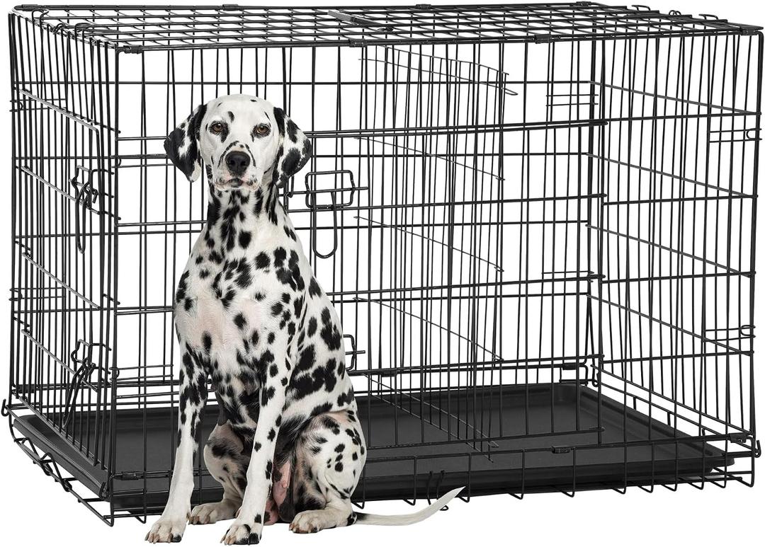 FDW Extra Large Dog Crate Dog Kennel Cage with Double Door,48 inch Folding Metal Wire Dog Cage with Removable Tray&Divider Panel,Pet Crate for Large Dogs,Black