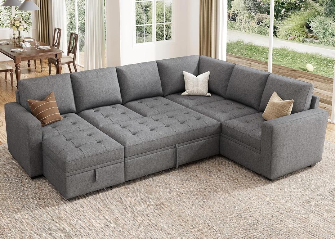 HONBAY Modular Sectional Sleeper Sofa with Pull Out Bed, Convertible L Shaped Couch with Storage Seat, Sectional Couches for Living Room,Grey