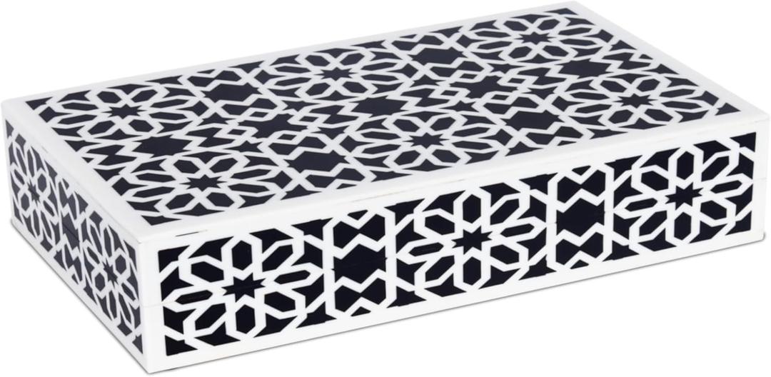 Handicrafts Home Decorative Storage Box with Lid  Black White Islamic Floral Geometry Remote Control Box, Slim Persian Mosaic Storage Box for Shelf, Desk & Living Room Decor  Shiraz 8 x 6 x 1.5