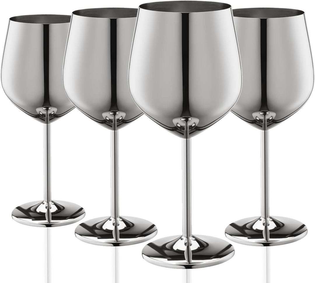 Stainless Steel Wine Glasses Set of 4, 18oz Unbreakable Metal Wine Glass, Fancy, Unique Wine Goblets for Outdoor, Travel, Camping and Pool, Ideal Gift for Wine Lovers (Silver)