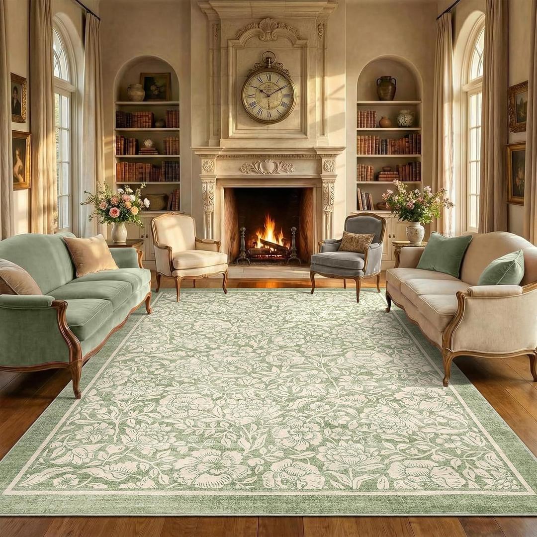 Garvee sage Green Washable Rugs for Living Room Floral Vintage 8x10 Area Rug for Bedroom Boho Flower Soft Girls Room Rug Non-Slip Kids Rug for Nursery playroom Dining Room Dorm Baby Room Decor