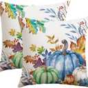 Artscope Fall Decorative Throw Pillow Covers 16x16 Inch Set of 2, Watercolor Pumpkin Fallen Leaves Outdoor Farmhouse Pillow Cases for Home Sofa Couch-Blue