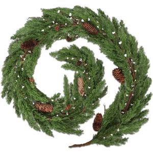 6FT Christmas Norfolk Pine Garland with Pine Cones Artificial Realistic Faux Real Touch Greenery Cedar Garland for Mantle Stairs Fireplace Cabinet Porch Table Wall Decor Outdoor Indoor