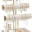 Pangkeep 3 Tier Bracelet Necklace Holder,Jewelry Displays for Vendors,T Bar Velvet Jewelry Stand with Tray,Jewerly Organizer for Bangles Necklace Scrunchie Watches Rings (Beige)
