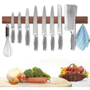 Magnetic Knife Holder for Wall, Magnetic Knife Strip No Drilling 23 Inch, Walnut Wood Magnet knife holder strip with 2 Hooks, Powerful Magnet Knife rack for Kitchen Utensils, Knives