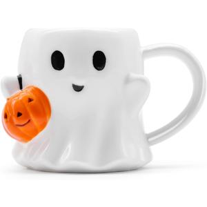 20 oz Halloween Ghost Mug Decorations, Ceramic Cute Ghost Coffee Cup with Pumpkin, Large Halloween Drinkware Gifts for Adults Kids (White Orange Black)