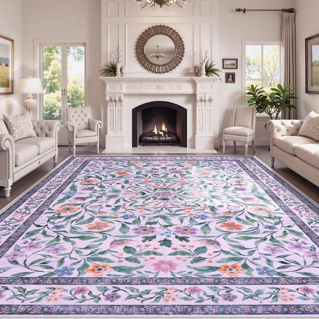 Collive 8x10 Area Rugs for Living Room, Large Purple Floral Rug Machine Washable, Boho Soft Low Pile Non Slip Indoor Carpet for Girls Bedroom Kids Playroom Nursery Dining Room