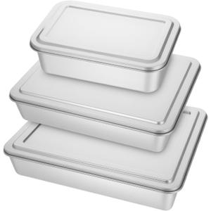 3 Set Stainless Steel Cake Pan with Lid, 13/11/9 Inch Rectangle Cake Pans Sets with Covers Baking Bakeware for Bread Fish Meat Vegetables, Non-Stick, Mirror Finish, Dishwasher Safe