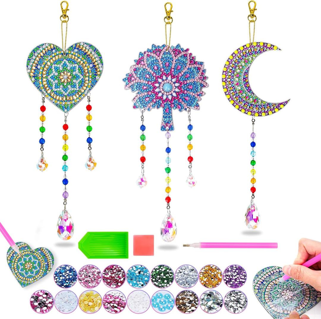 Diamond Art Kits for Kids Ages 6-12: Birthday Gifts for 7 8 9 10 Year Old Girls Teens Creative Arts & Crafts for Girls Boys DIY Wind Chime & Suncatcher Craft Kit Crystal Window Garden Decor Kit (3pcs-02)