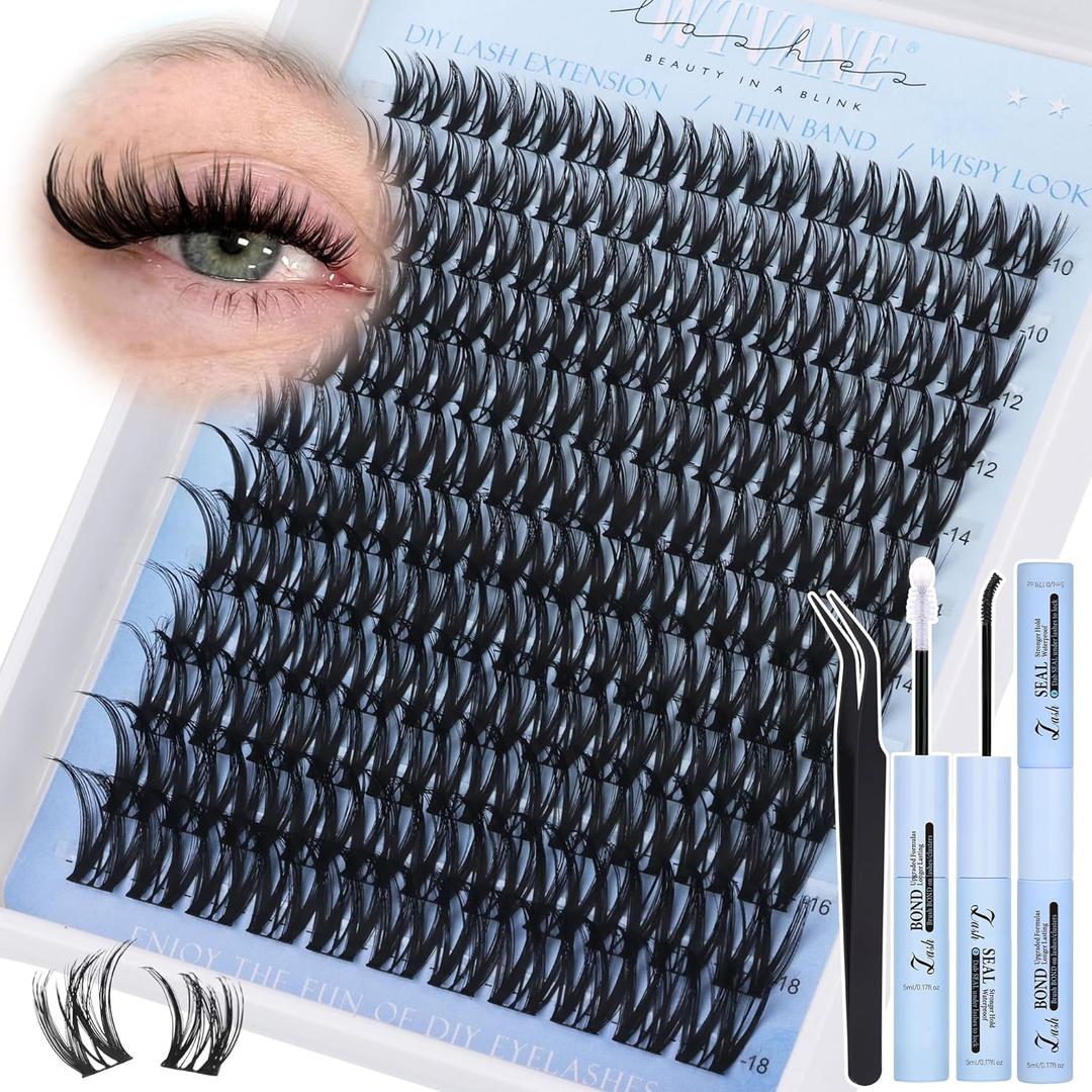 Flora Lash Clusters Kit Wispy Eyelash Clusters 10-18mm DIY Lash Extension Kit D-Curl Individual Lashes Eyelash Extension Kit with Thin Band Lashes Cluster Lash Bond and Seal Lash Tweezers by WTVANE