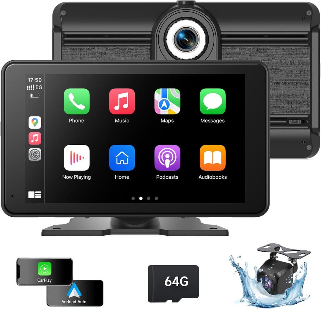 Portable Wireless Carplay Screen for Car, 7 Inch HD A-pple CarPlay & Android Auto Touchscreen with 4K Dash Cam, 1080P Backup Camera/Mirror Link/Siri/Bluetooth/GPS Navigation
