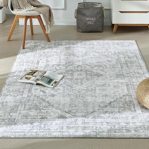 BRICHOEE Vintage Machine Washable Area Rug 5x7 Light Grey/Multi Low-Pile Indoor Floral Print Carpet Non Slip Printed Vintage Boho Rug for Living Room