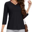 MAGCOMSEN 3/4 Sleeve T Shirts for Women V Neck Tshirts Cotton UPF50+ Summer Tops Casual T-Shirts Basic Tees 2025 (Black, M)
