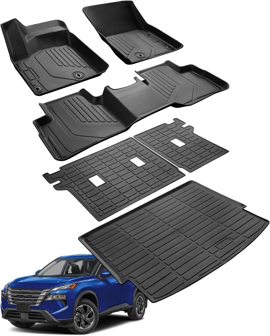 Floor Mats Full Set for Nissan Rogue 2021-2025 2026 Accessories, All Weather Floor Mats Cargo Liner for Back of SUV, Rubber Mats for Car Floor, Custom Fit Mat Heavy Duty Trunk Liner Black