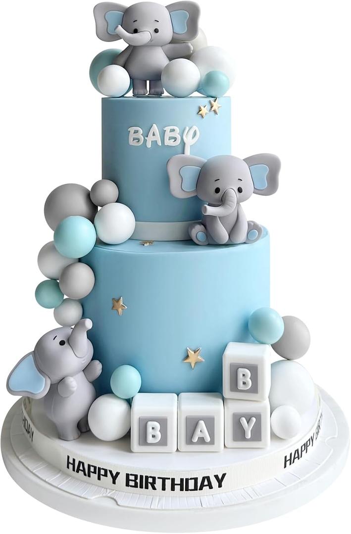28 Pcs Elephant Cake Topper Balls Cake Decorations DIY Cake Topper for Boy Girl Birthday Party Decorations (Blue)