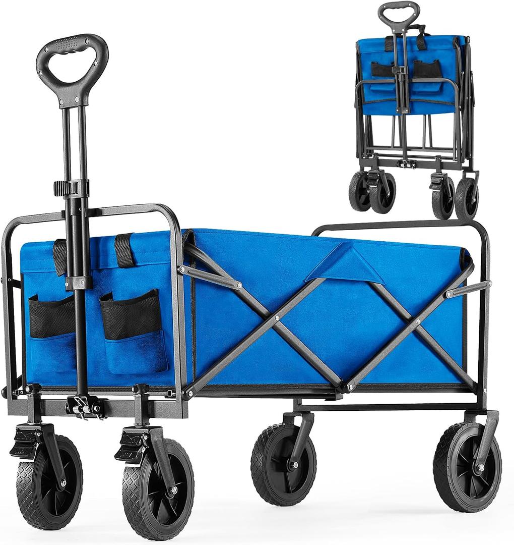 Collapsible Wagon Heavy Duty 35''L, Grocery Cart on Wheels Foldable Beach Wagon with Adjustable Handles Brakes, Portable Shopping Carts for Groceries Garden Camping Sports,170L Blue