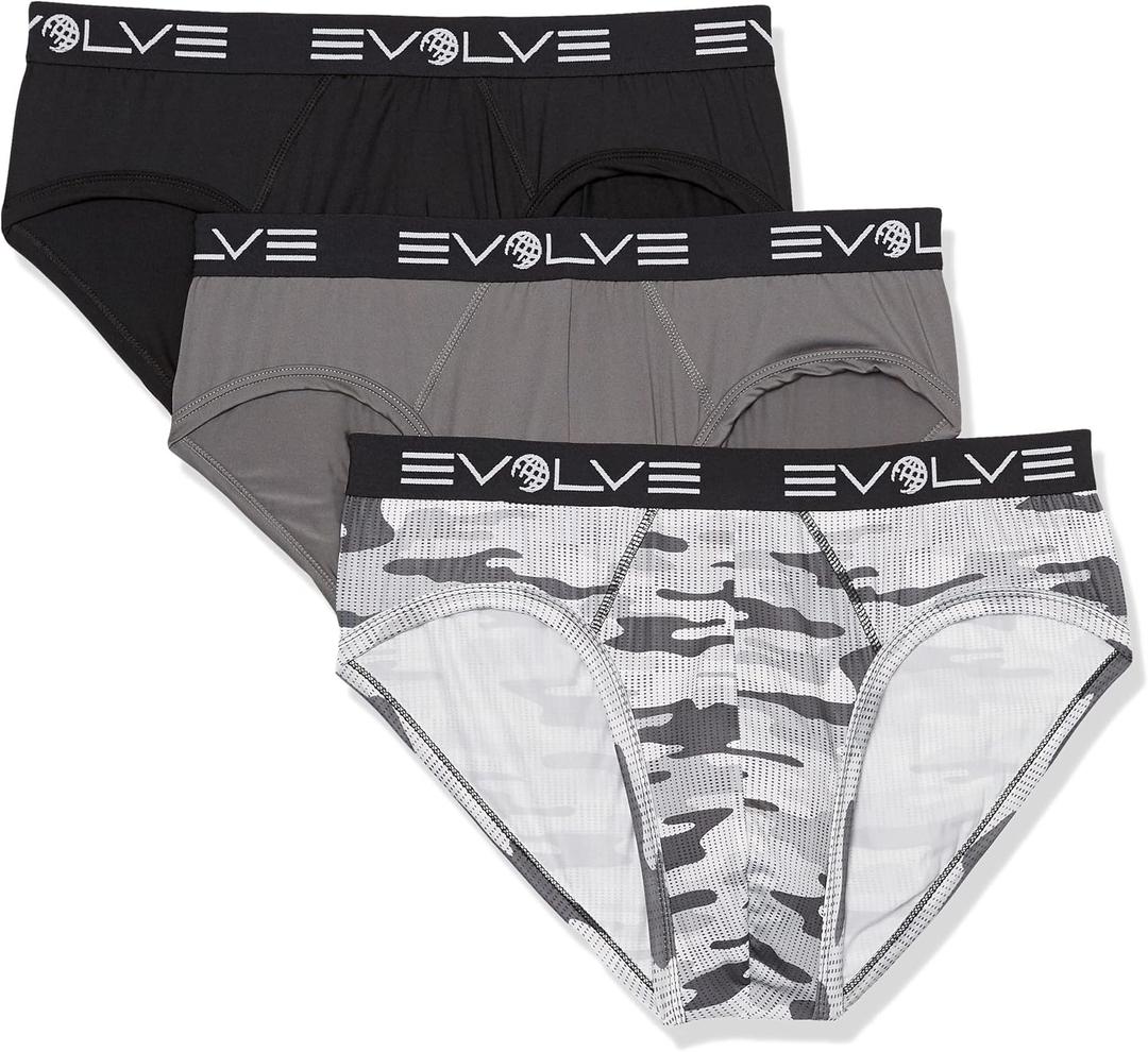 Evolve Men's Micro Sport 3 Pack No Show Brief (Medium, Black/Lead/Tech Camo-Grey)