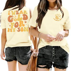 Childhood Cancer Awareness Shirt Women in September We Wear Gold Tshirt Gold Ribbon Pediatric Cancer Short Sleeve Tops (L)