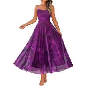 BTFBM Women Summer Floral Maxi Dresses Elegant Spaghetti Strap Dress Printed Party Dress Beach Long Dresses (Purple, M)